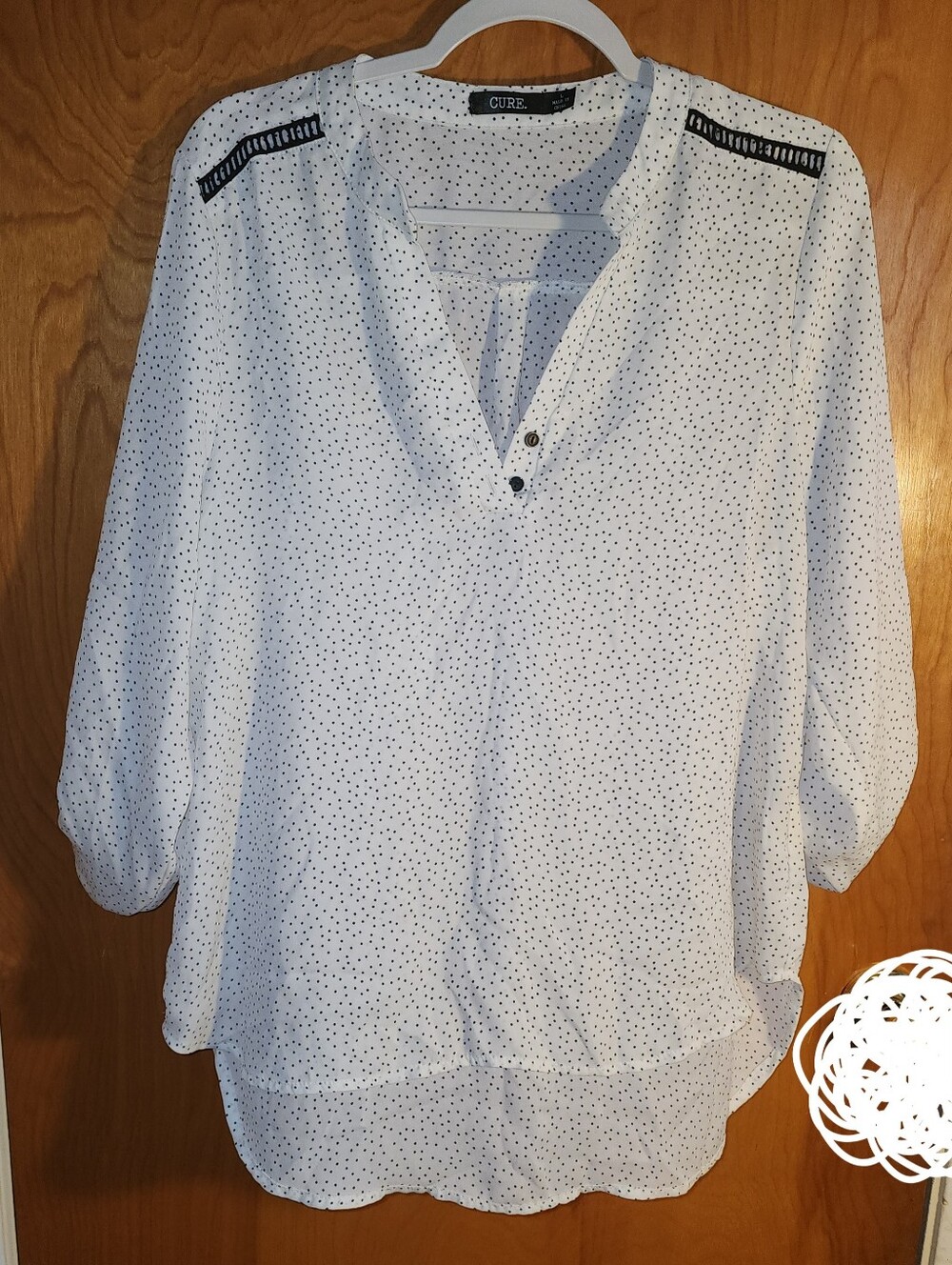 CURE Polka Dot V-Neck Blouse in White with Black Dots